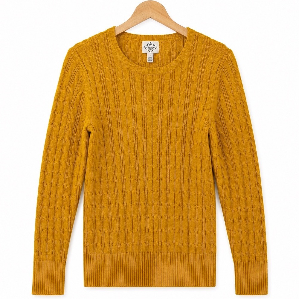 St Johns Bay Cable Knit Sweater Womens Size L Mustard Yellow Preppy Classic Crew